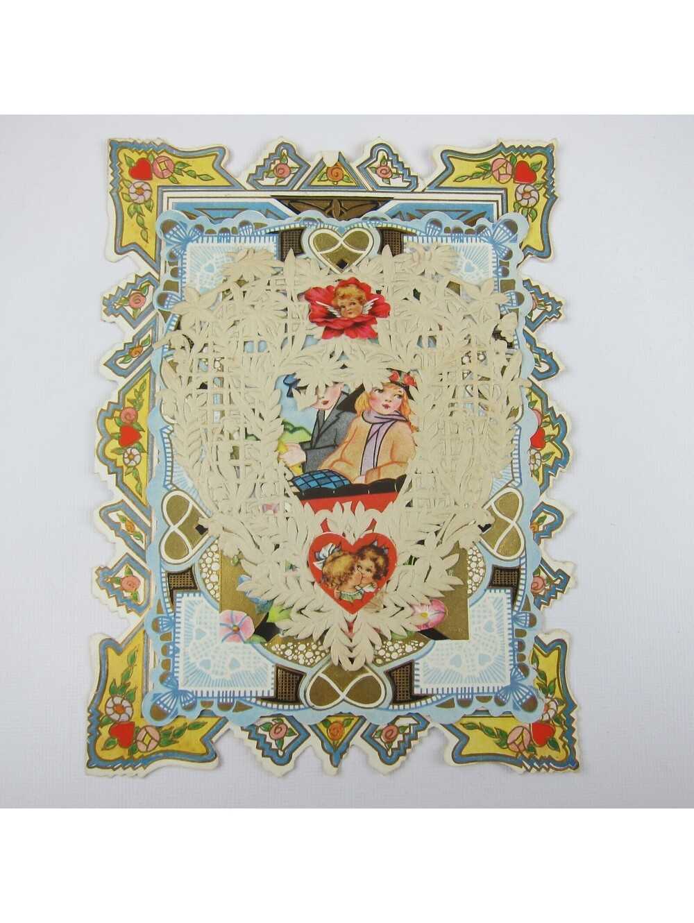 Antique Valentine Blonde Girl & Boy Drive Old Car Flowers Embossed Boat UNSIGNED